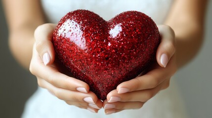 A woman two hands gently gripping a bright red heart, positioned on a deep black background with soft rim lighting emphasizing the hands shape