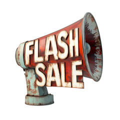 Aufkleber - A rusty megaphone announces a flash sale event with large white lettering on a red background.