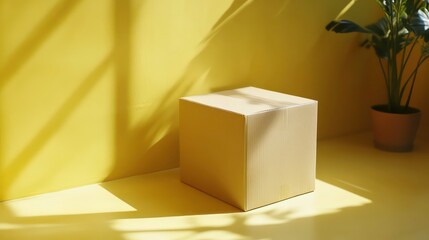 Wall Mural - Cardboard box on yellow background with sunlight and plant.