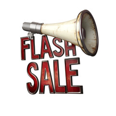Aufkleber - A distressed megaphone proclaims a flash sale with red metallic lettering against a black background.