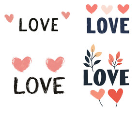 Poster - The image displays four different artistic designs incorporating hearts and the word love in varied styles and colors.