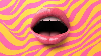 Poster - Glossy lips showing perfect white teeth are featured on a pink and yellow wavy background, creating a vibrant and captivating visual for beauty, cosmetology, and dental concepts