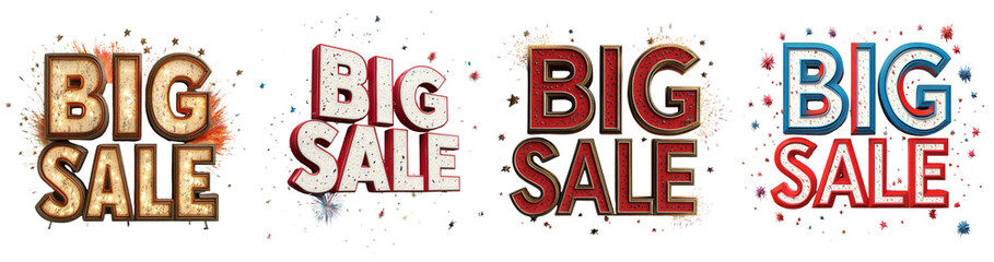 Poster - The image displays four different stylistic renditions of the words Big Sale accompanied by celebratory effects.