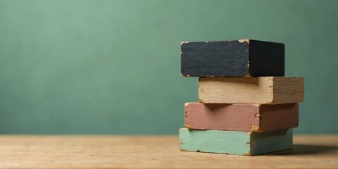 Aufkleber - A Stack of Distressed Wooden Blocks on a Rustic Surface Against a Green Background