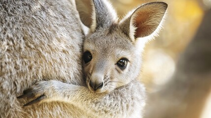 Wall Mural - A baby kangaroo peeking out of its mother s pouch, on a white background