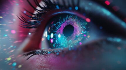 Poster - Close up of a human eye with an iris displaying a futuristic digital interface, suggesting concepts of vision, technology, and data analysis in the field of ophthalmology or optometry