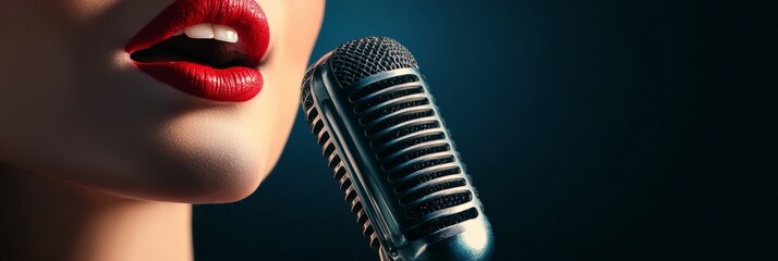 Leinwandbilder - Close up view of a singer's vibrant red lips passionately singing into a vintage microphone, embodying the spirit of musical performance and the artistry of vocal expression