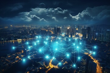 Fototapete - Network connecting buildings in illuminated cityscape at night under cloudy sky