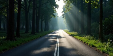 Poster - Sunlit Path Through a Verdant Forest Canopy Leading to an Unknown Destination