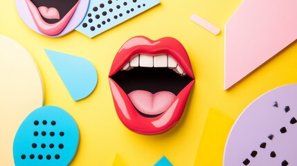Poster - Open red lips revealing a tongue and perfect white teeth, surrounded by colorful geometric shapes against a vibrant yellow background, create a playful pop art composition