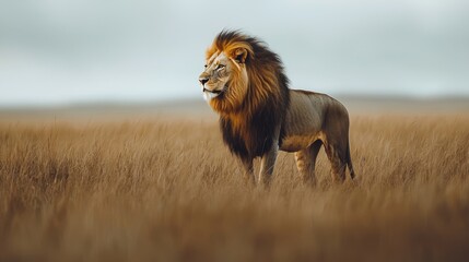 Poster - A majestic lion standing tall in the savannah, its golden mane flowing in the wind, on a white background