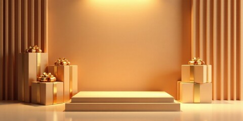 Fototapete - Elegant Golden Gift Boxes on a Two-Tiered Display Platform with a Warm Background