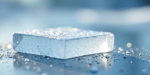 Poster - A pristine, translucent block rests on a cool, reflective surface, adorned with glistening droplets of water.  The scene evokes a sense of purity and serenity.