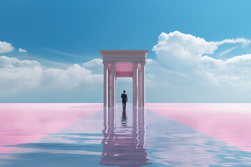Poster - Surreal vaporwave landscape with abstract architecture elements on the water. Dreamy landscape.