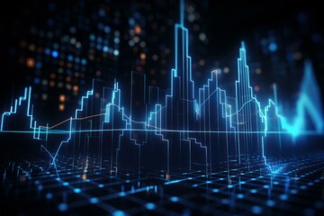 Fototapete - Futuristic cityscape with glowing financial chart lines rising, symbolizing economic growth and market trends