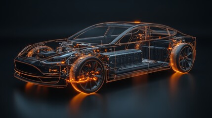 Aufkleber - Electric vehicle featuring internal components illuminated by vibrant orange lines, highlighting cutting edge automotive engineering and innovative design elements