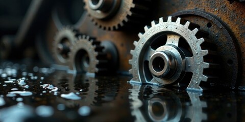 Poster - Industrial Gears Reflecting in Oily Water A Close-Up of Interlocking Metal Components and a Dark, Reflective Surface