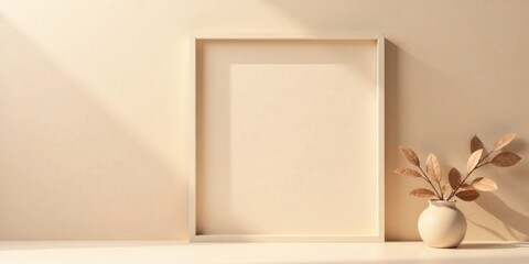 Aufkleber - A minimalist beige room setting features a blank frame and a vase with dried branches, bathed in soft sunlight.