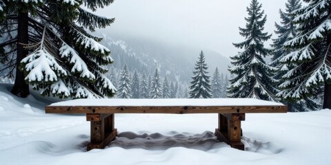Poster - A rustic wooden bench sits peacefully covered in a blanket of fresh snow, surrounded by snow-laden evergreen trees in a serene winter landscape.