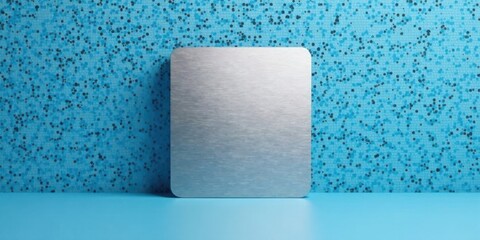 Poster - A brushed metal square plate stands on a light blue surface against a backdrop of a textured blue mosaic tile wall.