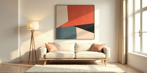 Poster - Modern minimalist living room interior design with a light beige couch, floor lamp, and abstract artwork