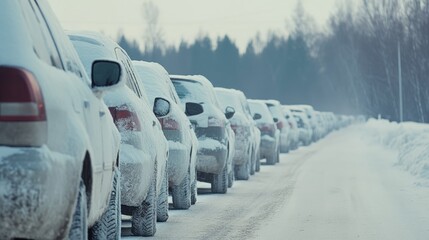 Poster - Many snow covered cars are parked along a snowy road during winter, creating a winter traffic jam and highlighting the challenges of winter driving and parking