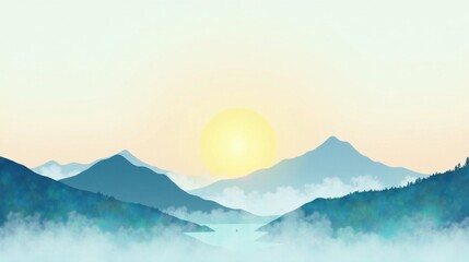 Poster - Serene Sunrise Over Misty Mountain Range and Tranquil Lake