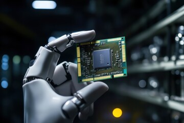 Poster - Robotic hand holding a computer processor in a technology workshop showcasing modern electronics manufacturing