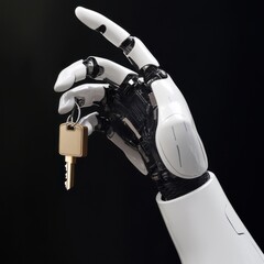 Poster - Robotic hand holding a key against a dark background in a futuristic setting