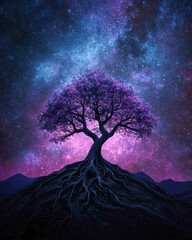 Wall Mural - A tree with purple leaves is growing on a mountain