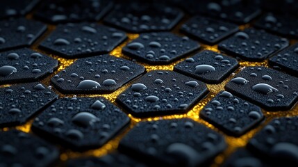 Poster - Dark hexagon texture, water drops, glowing background, abstract design