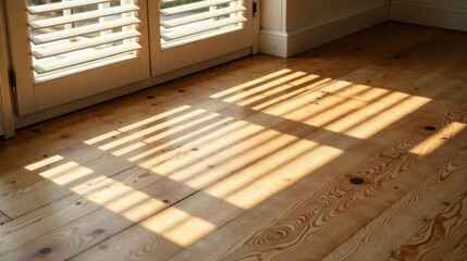 Fototapete - Sunlight Illuminates Polished Wooden Floor Through Window Shutters Casting Striking Linear Shadows