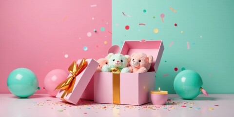 Poster - Delightful pastel-colored teddy bears nestled inside a pink gift box, surrounded by celebratory balloons and confetti. A small candle adds a touch of warmth and festivity to the scene.