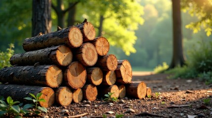 Poster - Neatly Stacked Logs in a Sun-Dappled Forest Setting