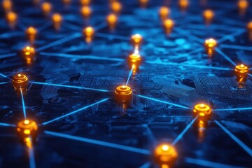 Poster - glowing blue circuit board with glowing nodes and connections . an abstract visualization of blockch