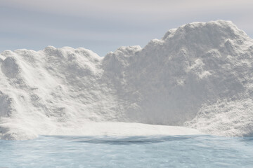 Wall Mural - 3d render platform background and empty round stage, ice podium on the frozen lake with ice snow mou