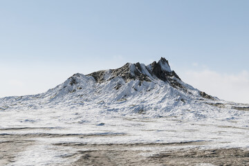 Wall Mural - 3d render platform and natural winter background, a large ice snow mountain on wide field in daytime