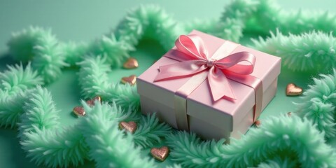 Poster - A delicately wrapped pink gift box adorned with a satin ribbon rests amidst a bed of soft, seafoam green fluffy accents and small metallic hearts.