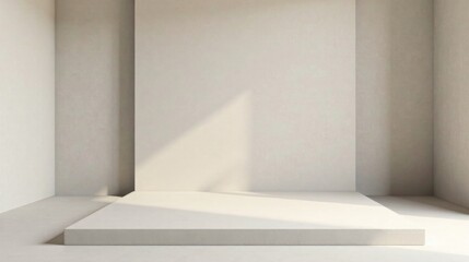 Poster - Minimalist interior scene showcasing a simple, clean, white platform in a sunlit corner with neutral walls, ideal for product display or presentation