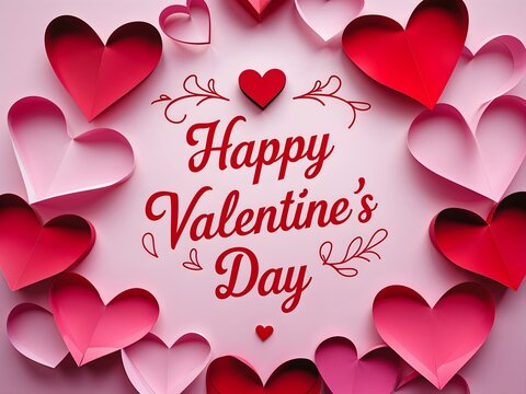 Vibrant Pink & Red Paper Hearts Background, Romantic Valentine's Day Design for Cards.Happy valentines day greeting card banner lettering romantic red pink love heart theme background.