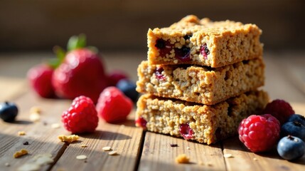 Poster - Delicious Homemade Granola Bars with Fresh Berries and a Rustic Wooden Background