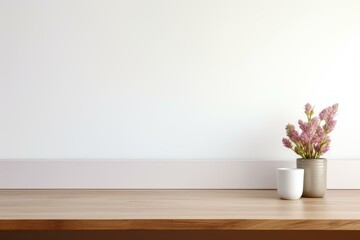 Poster - Empty wooden tabletop with pink flowers and white wall creates a minimalist and stylish interior design