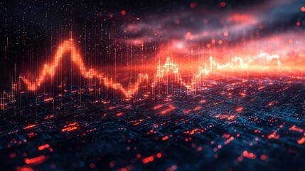 Poster - Digital Stock Market Landscape: A fiery Red Chart on a Technological Terrain