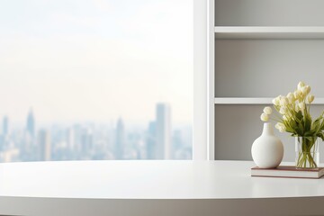 Poster - White round table displaying tulips and a book with a blurred cityscape in the background creates a serene workspace