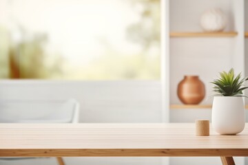 Poster - Wooden table with plant and blurred background showing bright modern interior, perfect for product placement