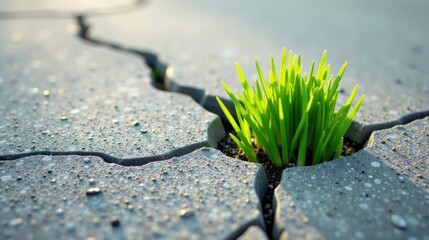 Aufkleber - A vibrant cluster of resilient green shoots emerges from a crack in a weathered gray pavement, symbolizing tenacity and the triumph of nature over adversity.