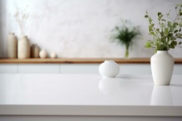 Poster - Minimalist white kitchen countertop with decorative vases, creating a clean and stylish space