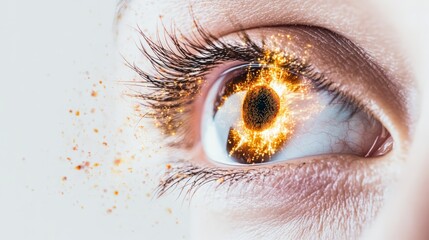 Poster - Close up of an eye with orange digital light and particles emanating from the iris, representing futuristic vision, technological enhancement, or eye health