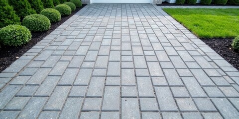 Poster - A Serene Pathway of Gray Pavers Leading to a Residence, Flanked by Lush Greenery and Carefully Maintained Landscaping