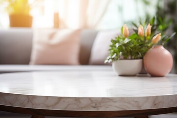 Poster - Empty round marble coffee table with plants and blurred sofa in background, perfect for product placement